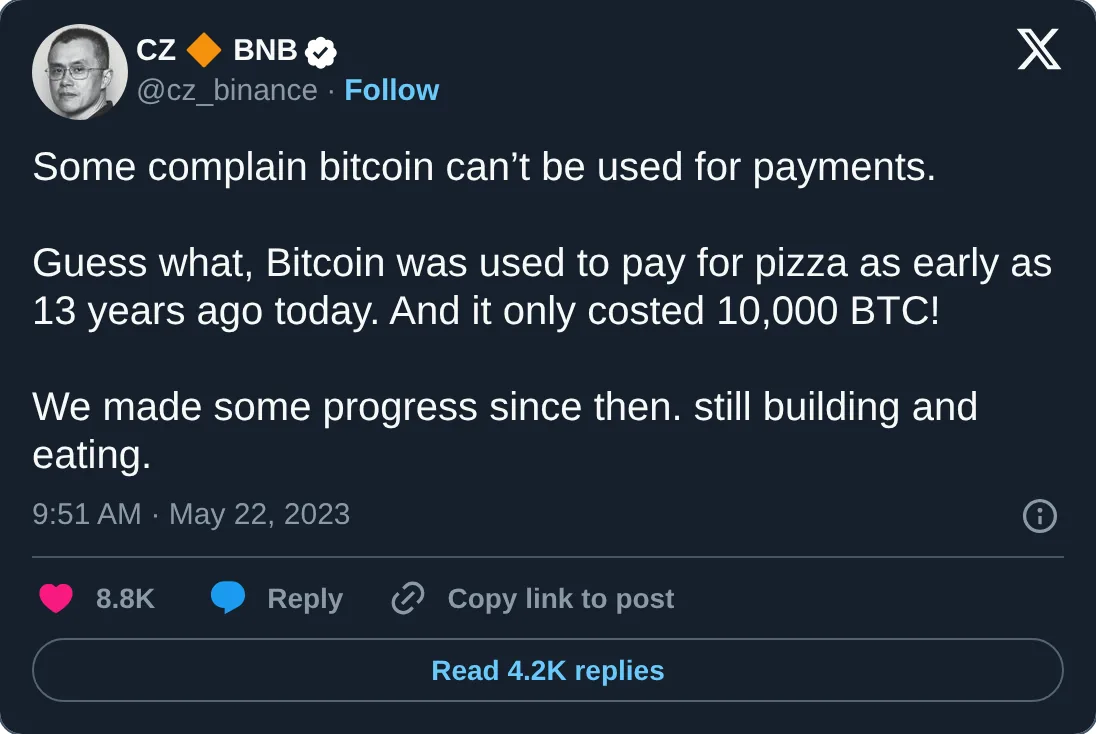 CZ on X: Bitcoin used for pizza 13 years ago